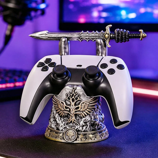 Resin controller stand featuring a silver-and-black tree of life base, dual support arms, and a decorative sword.