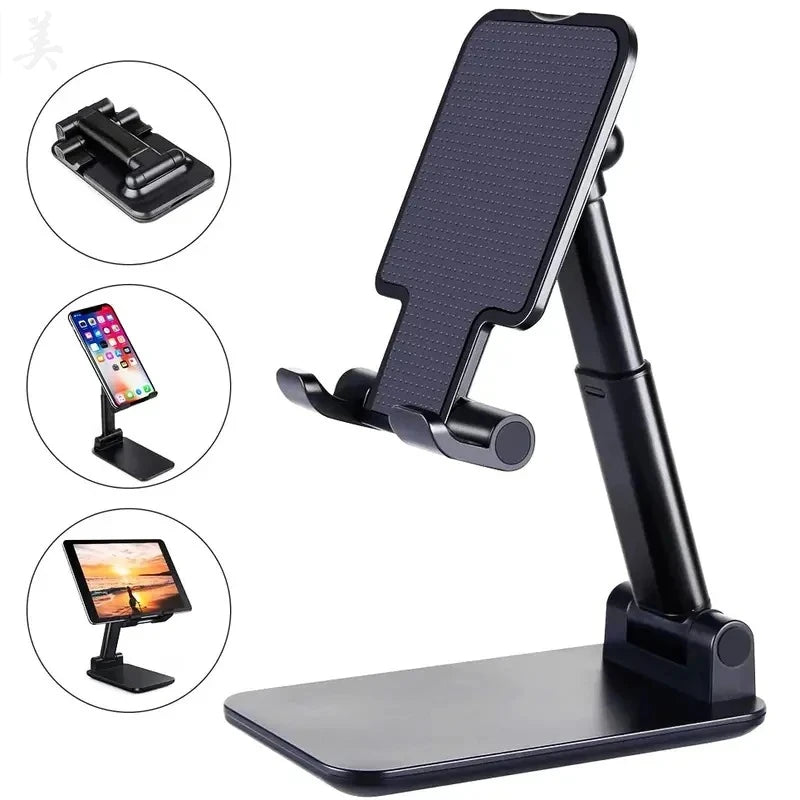 Black adjustable folding desk stand with a textured back, holding a phone and tablet in inset views.