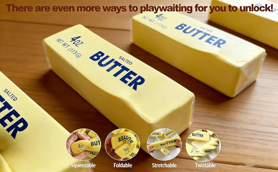 Yellow butter stick stress toys with blue "Salted Butter" text on a wooden table, featuring squeeze demos.