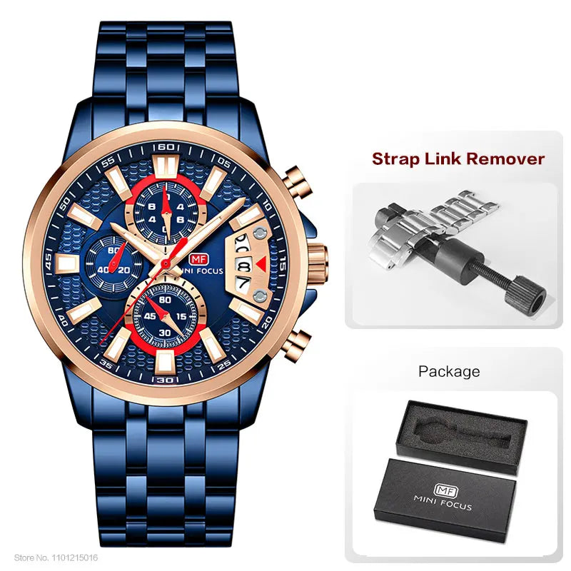 MINI FOCUS Motley Watches for Men Fashion Sport Chronograph Quartz Wristwatch with Date Luminous Hands Stainless Steel Strap Man
