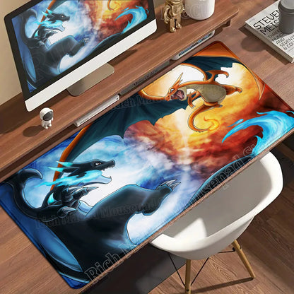 A desk mat featuring orange Charizard and black Mega Charizard X against a fiery, blue-clouded sky.
