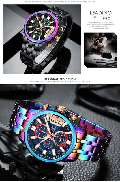 MINI FOCUS Motley Watches for Men Fashion Sport Chronograph Quartz Wristwatch with Date Luminous Hands Stainless Steel Strap Man