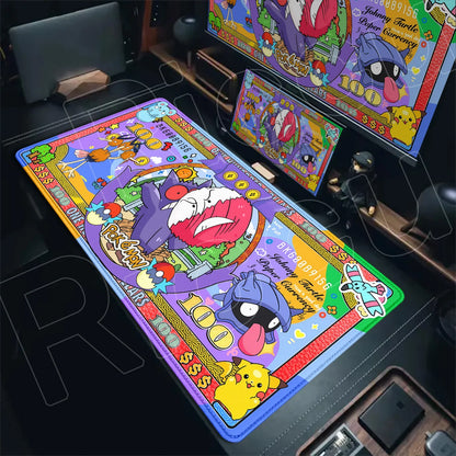 An XXL desk mat styled like colorful Pokémon money with Gengar, Pikachu, and other characters.