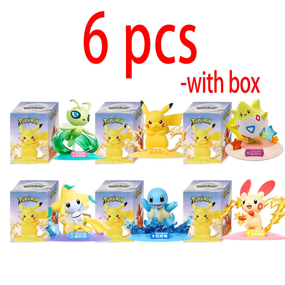 Six Pokemon action figures on stands: Celebi, Pikachu, Togepi, Jirachi, Squirtle, and Plusle, each with a box.
