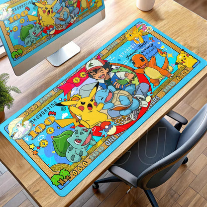 Blue Pokémon desk mat featuring Ash, Pikachu, Bulbasaur, and Squirtle designed as currency.