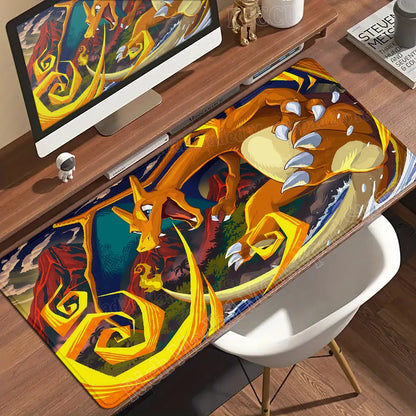 Charizard desk mat features an orange dragon-like creature with yellow flames against a dark, rocky landscape.