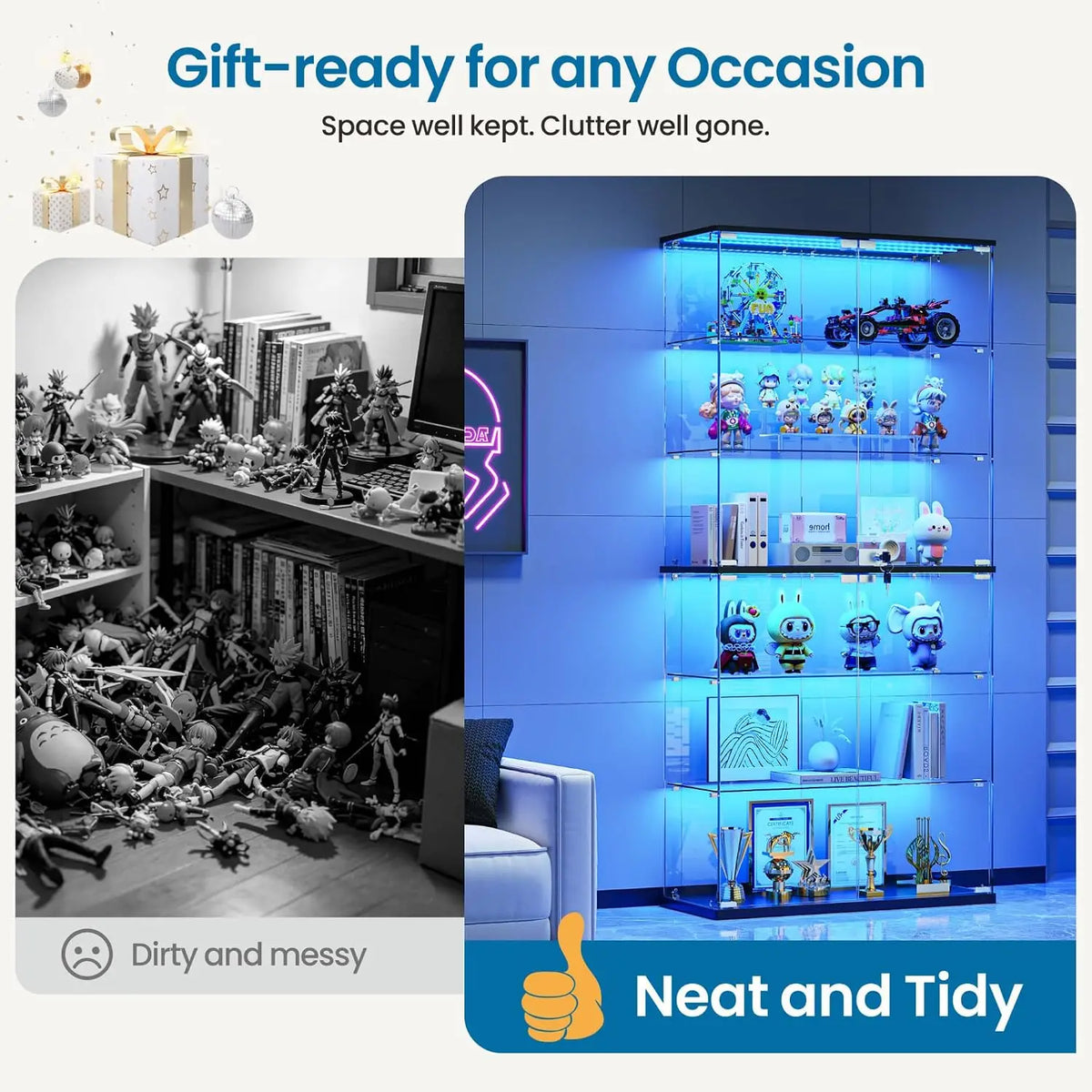 Tall black 6-tier glass display cabinet with blue LED lights, holding toys and collectibles.