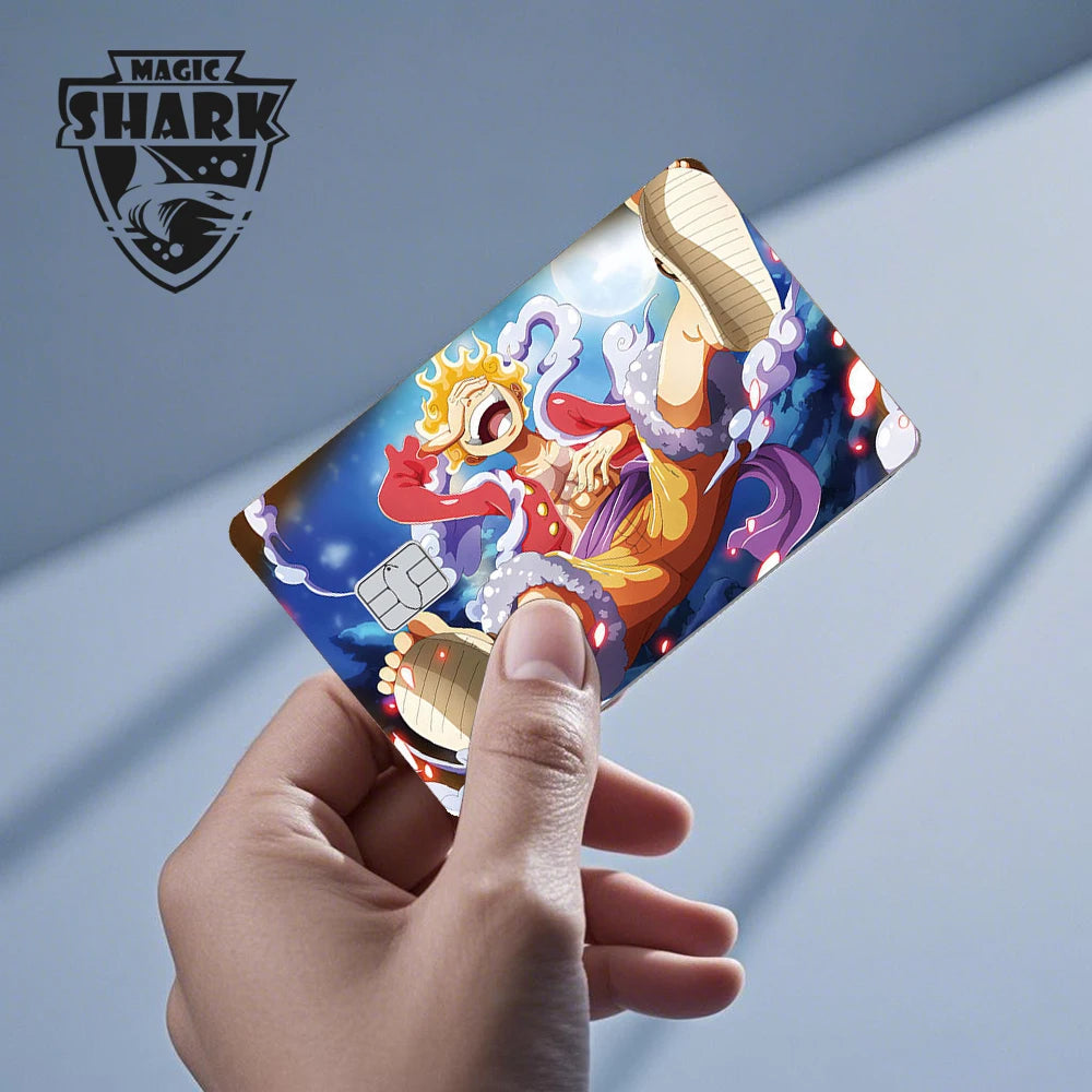 Anime card skin featuring a laughing character in golden-yellow hair and red outfit against a blue sky.