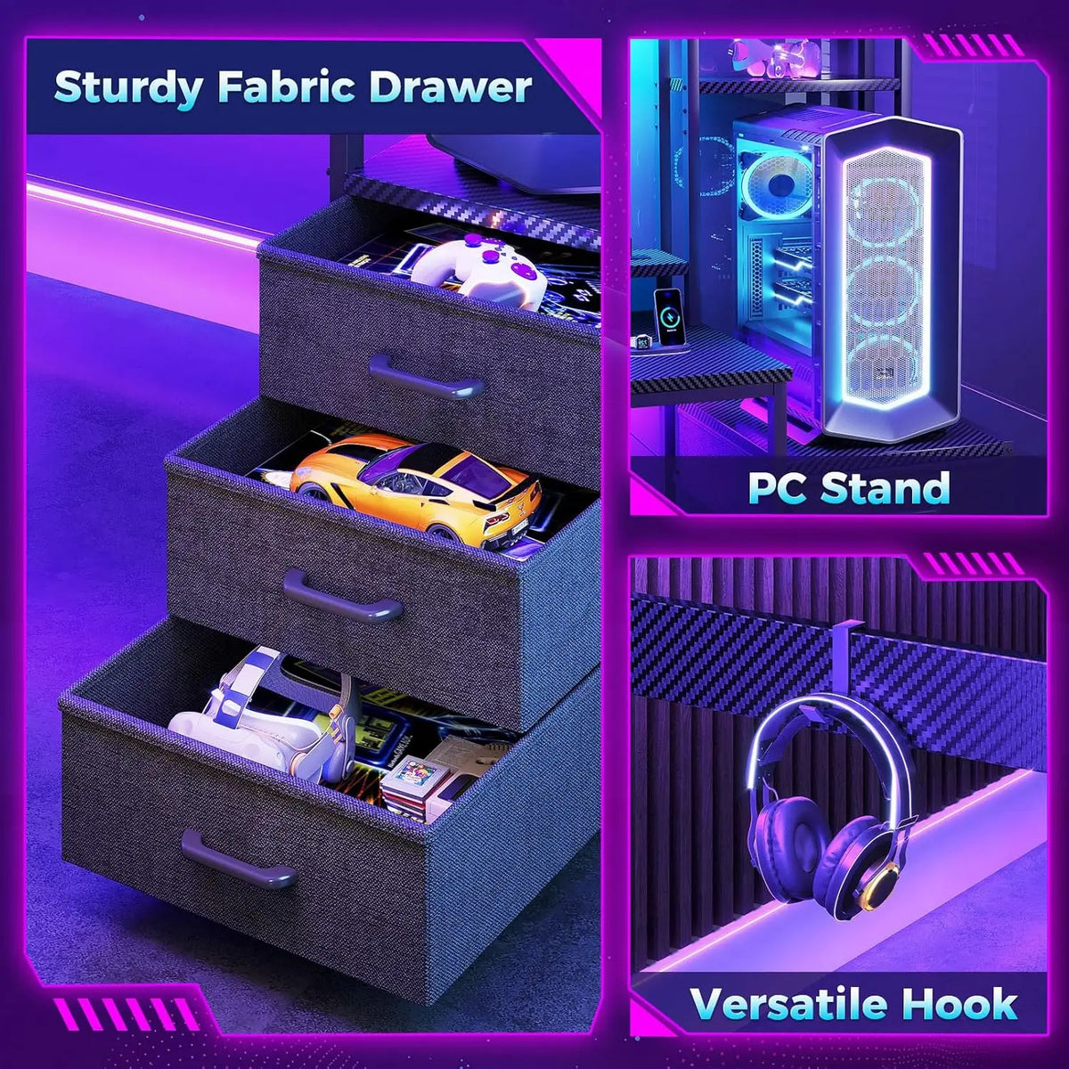 Three fabric drawers holding items, a PC stand with a tower, and a hook holding headphones.