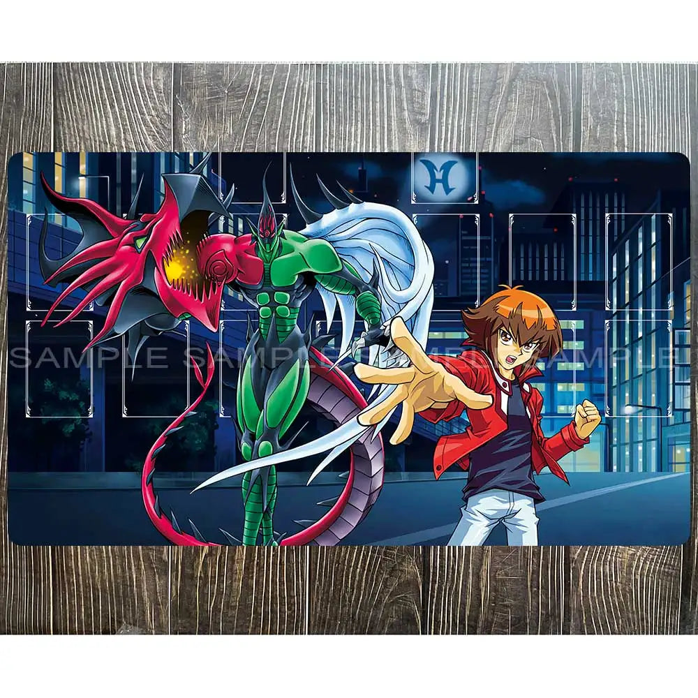 Yu-Gi-Oh! playmat featuring Jaden Yuki and a green and red monster against a city backdrop.
