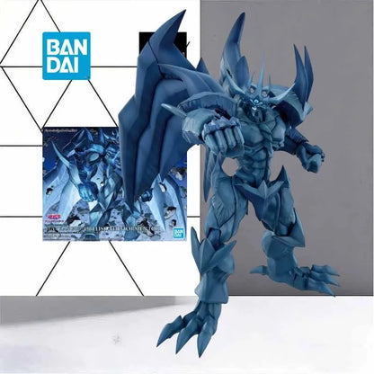 Blue posable model toy of Obelisk the Tormentor with wings, spiked head, and a punching pose next to its box.