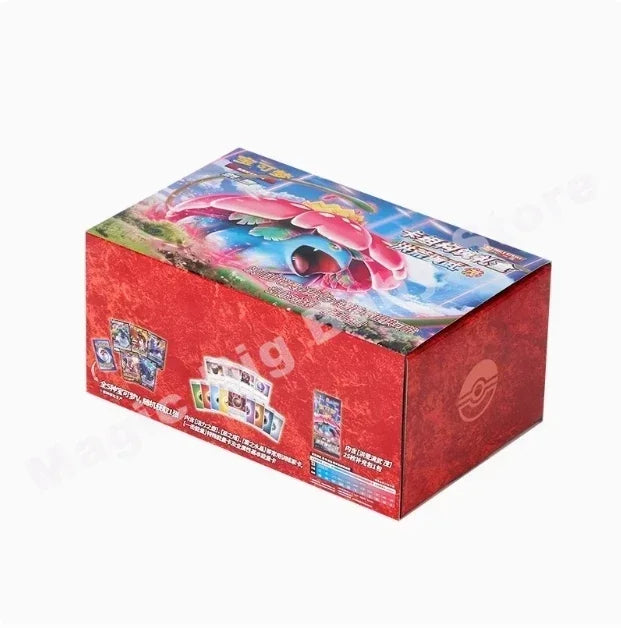 Red Pokémon trading card booster box featuring Venusaur on the lid and card graphics on the front.