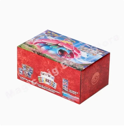 Red Pokémon trading card booster box featuring Venusaur on the lid and card graphics on the front.