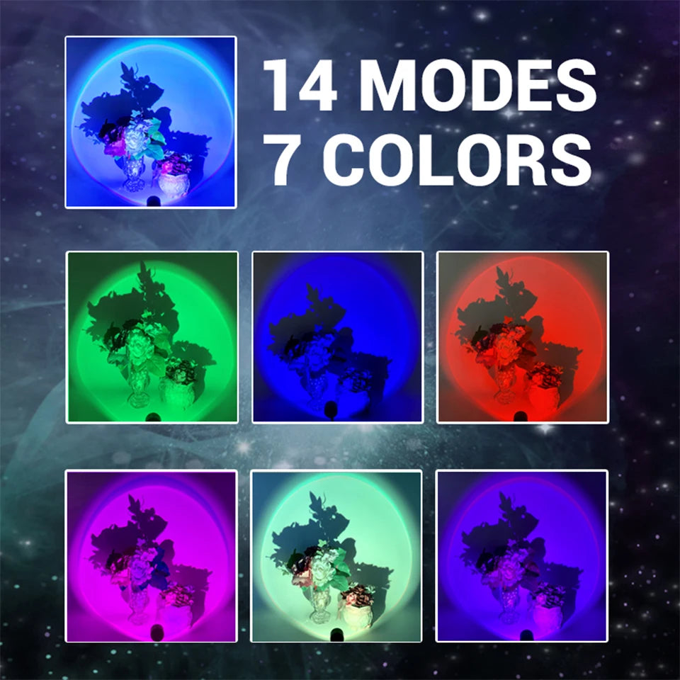 Text "14 MODES 7 COLORS" overlays six sunset lamp projections in blue, green, dark blue, red, pink, mint, and purple.