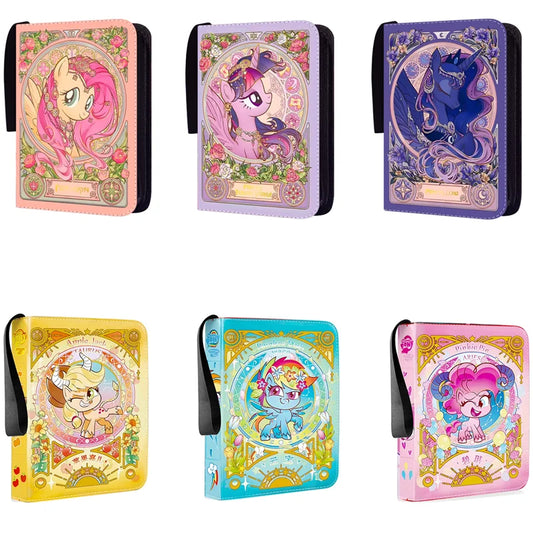 Six colorful My Little Pony card binders featuring characters framed by astrological designs and flowers.
