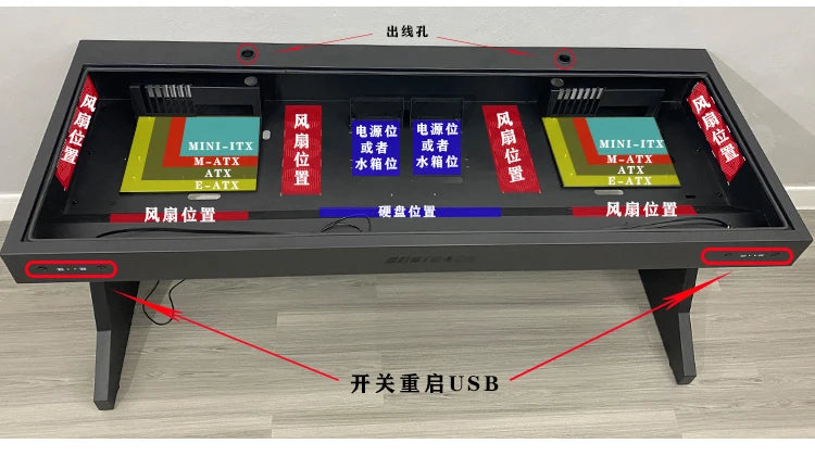 Black computer chassis desk with dual motherboard and power supply mounts, red and blue diagram labels.