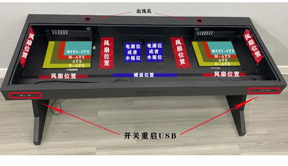 Black computer chassis desk with dual motherboard and power supply mounts, red and blue diagram labels.