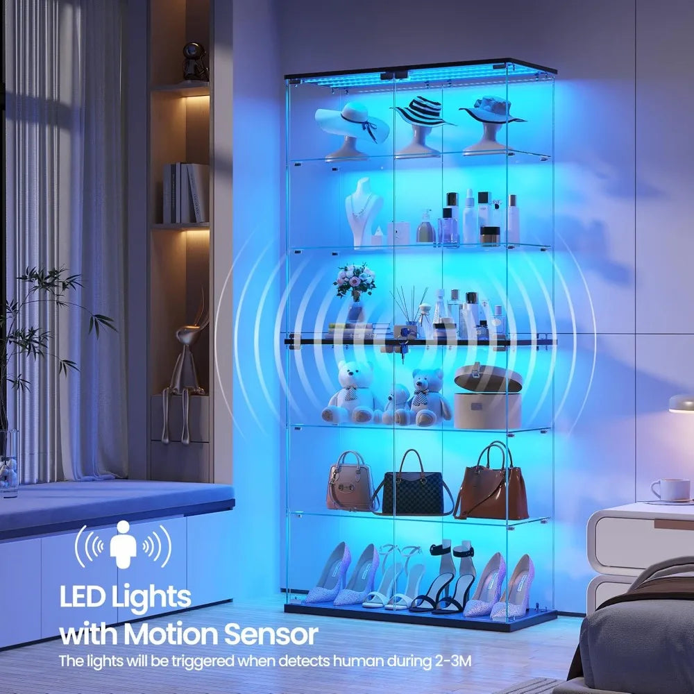 A 6-tier black glass curio cabinet glows with blue LED lights, displaying hats, perfumes, teddy bears, handbags, and shoes.