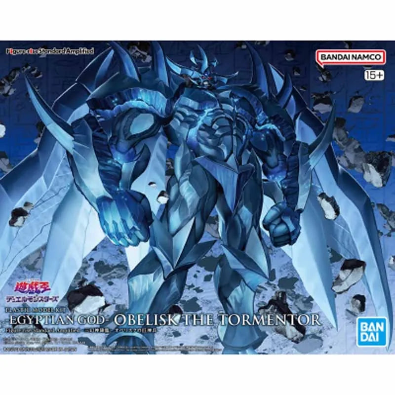 Blue, bulky model kit of Obelisk the Tormentor with large wings and spiked shoulders against a blue background.