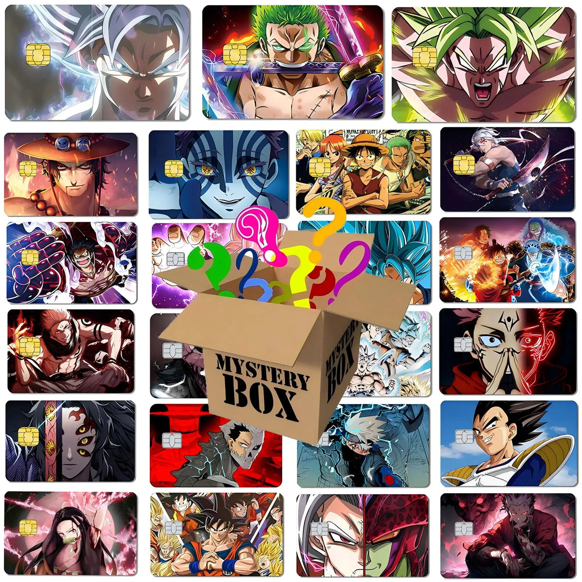 Assorted colorful matte anime credit card skins featuring various characters arranged around a central mystery box.