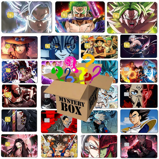 Assorted colorful matte anime credit card skins featuring various characters arranged around a central mystery box.