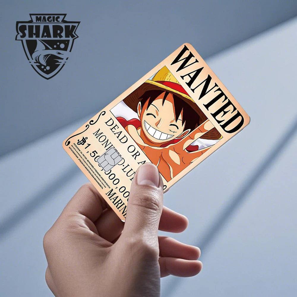 Anime "WANTED" poster card skin featuring Monkey D. Luffy in a straw hat against a beige background.