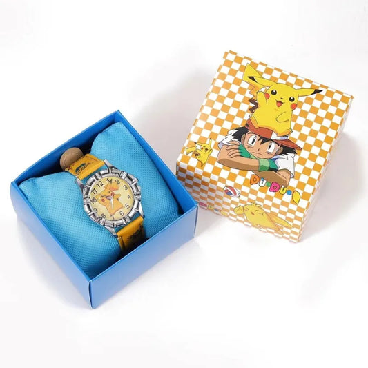 Pikachu watch with yellow strap inside a blue box, next to a checkered box featuring Ash and Pikachu.