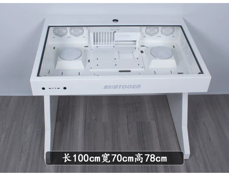 A white computer desk with a glass top exposing an internal PC case layout, featuring dual circular fan mounts.