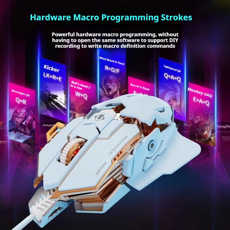 White and gold wired gaming mouse with a futuristic, angular design and macro programming text in the background.