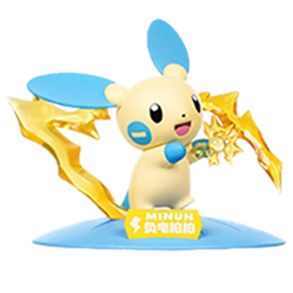 Minun figurine with blue ears and paws, holding a golden lightning bolt effect on a blue base.