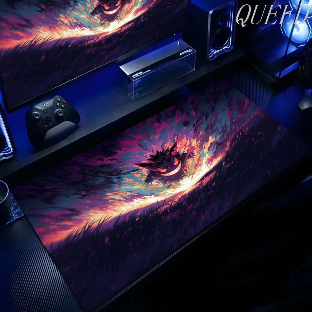 XXL Gengar gaming mouse pad featuring a purple and orange sunset sky over dark, grassy fields.