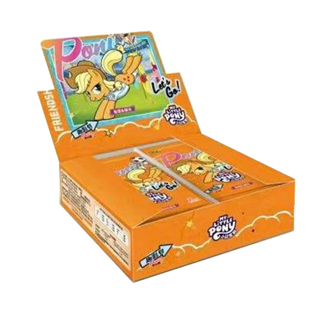 An open orange My Little Pony card display box containing foil booster packs featuring Applejack.