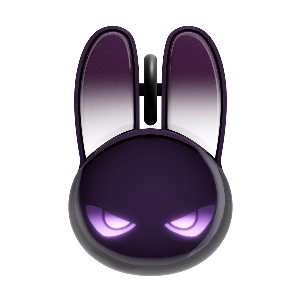 Black wireless mouse shaped like a rabbit head with glowing purple angry eyes and long purple-tipped ears.