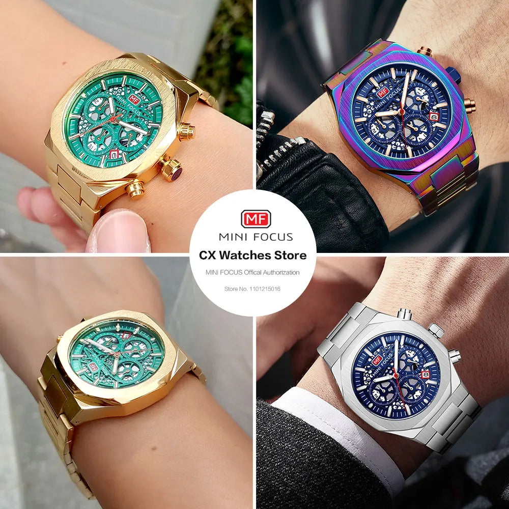 MINI FOCUS Motley Chronograph Quartz Watches Men Stainless Steel Business Sport Wristwatch with Luminous Hands Auto Date 0411
