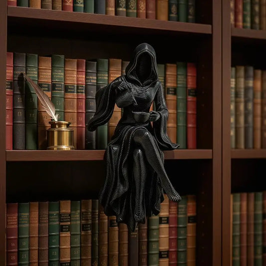 A black robed reaper statue holding a cup, sitting on a bookshelf with colorful books.