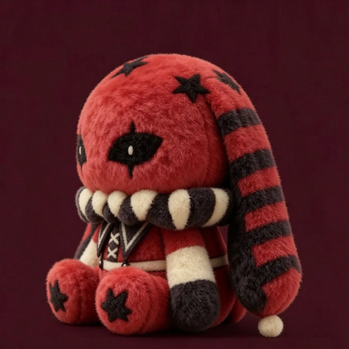 A red and black plush rabbit toy with star prints, striped long ears, and a ruff collar.