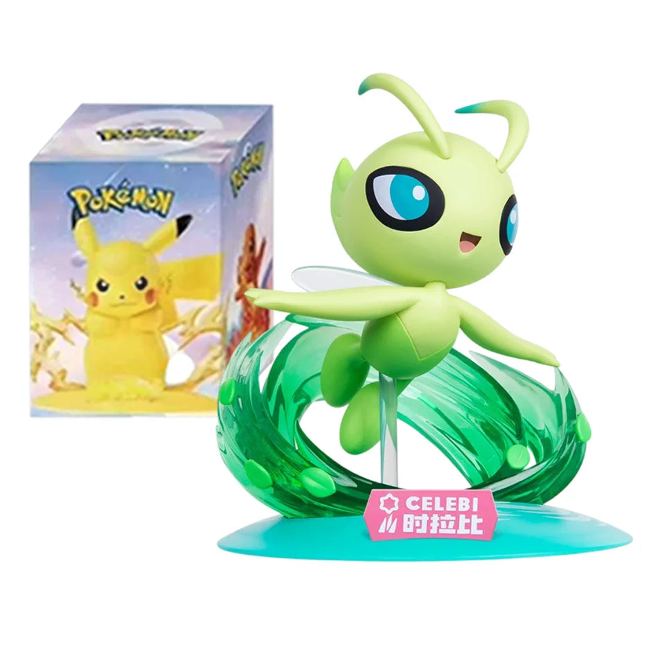 Light green Celebi action figure with blue eyes above a translucent green wave base and a Pokémon box in the background.