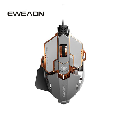 Grey and copper EWEADN G5 wired gaming mouse with a mechanical, multi-layered design and thumb rest.