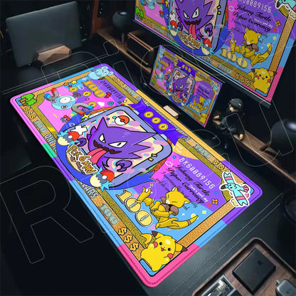 An XXL desk mat features Gengar, Pikachu, and Abra on a colorful Pokémon bank note design.