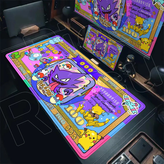 An XXL desk mat features Gengar, Pikachu, and Abra on a colorful Pokémon bank note design.