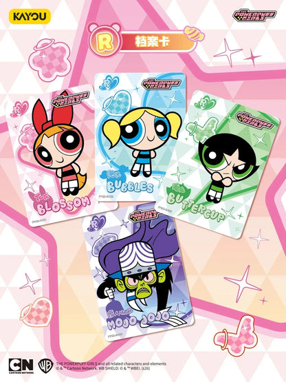 Four Powerpuff Girls trading cards display Blossom, Bubbles, Buttercup, and Mojo Jojo on pink, blue, green, and purple backgrounds.