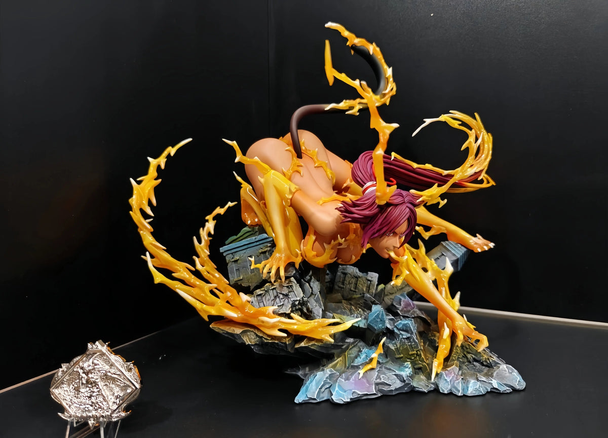 Yoruichi Shihouin anime figure crouches on rubble, surrounded by swirling yellow lightning and orange energy effects.