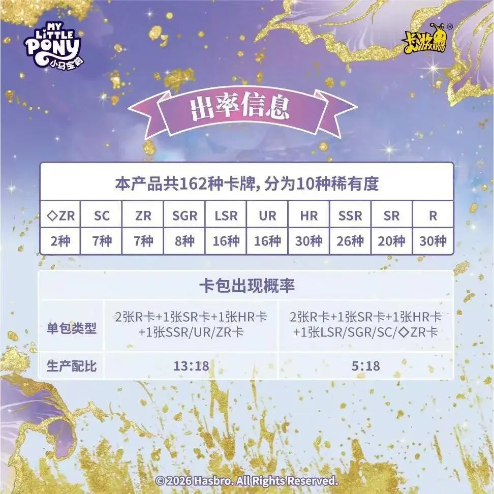 My Little Pony card rarity information table on purple background with gold foil and sparkles.