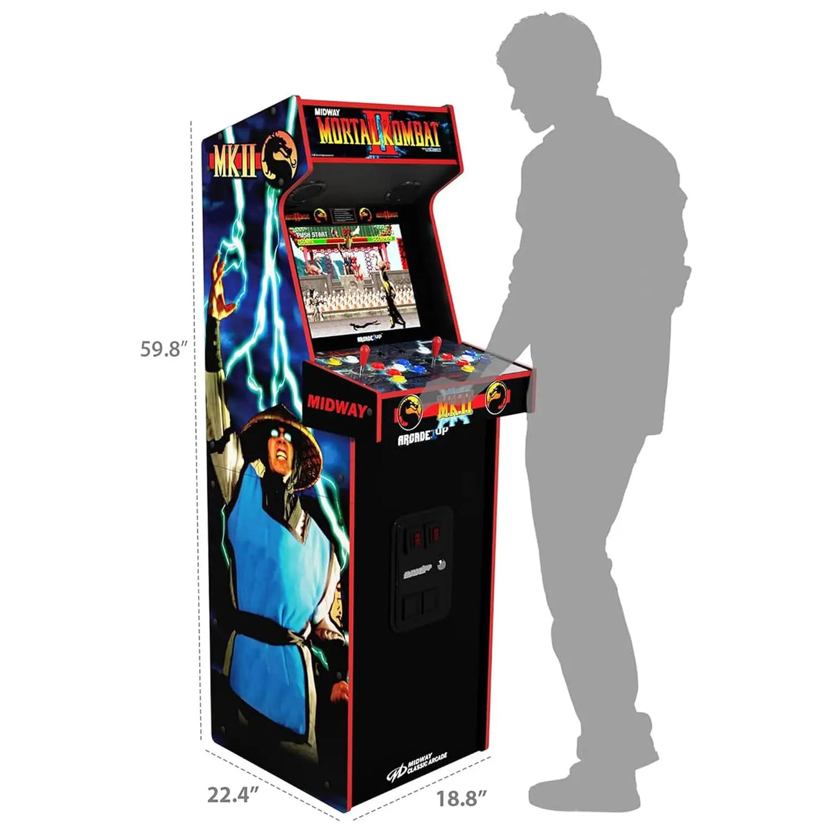 Mortal Kombat II Deluxe Arcade Machine with side art of Raiden and lightning on a blue background.