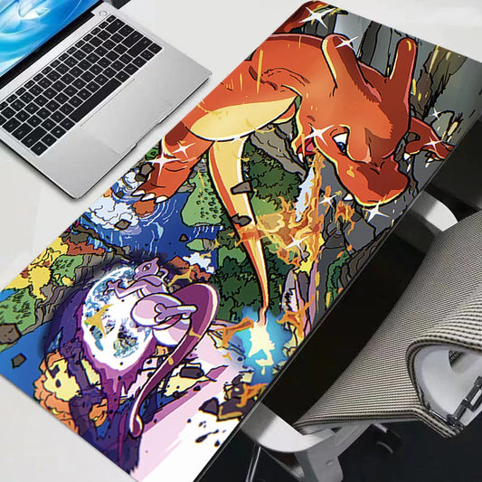 An XXL desk mat features Charizard breathing fire and Mewtwo creating an energy blast over a landscape.