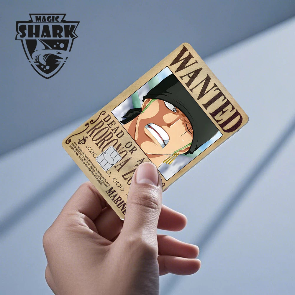 A hand holds a beige anime-themed card skin featuring a Wanted poster for Roronoa Zoro, with bold text and brown tones.