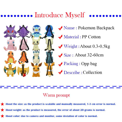 Pokemon Plush Backpack Anime Gengar Charizard Piplup Eevee Mimikyu Soft Stuffed Schoolbag Shoulder Bag Toy for Kids