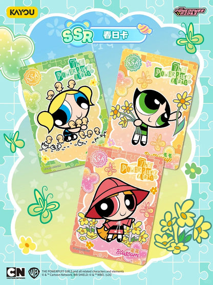 Three Powerpuff Girls SSR cards feature Bubbles with chicks in green, Buttercup with flowers in orange, and Blossom in a red hat in pink.