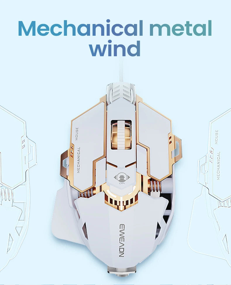White and gold EWEADN wired gaming mouse with a mechanical aesthetic, side thumb rest, and visible springs.