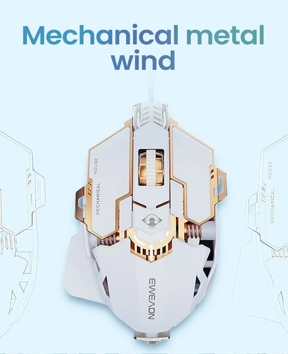 White and gold EWEADN wired gaming mouse with a mechanical aesthetic, side thumb rest, and visible springs.